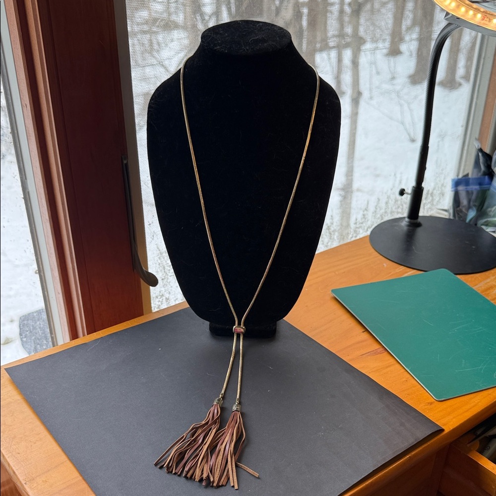WHITE HOUSE BLACK MARKET GOLD TONE LEATHER TASSLE NECKLACE